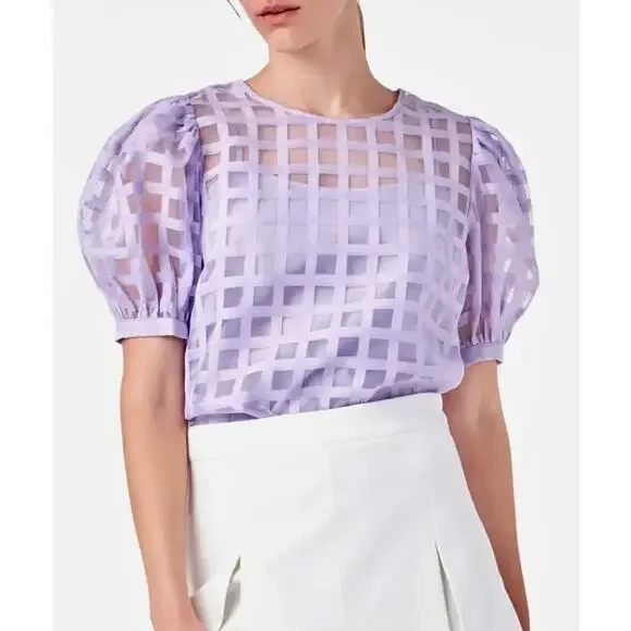 NWT English Factory Sheer Windowpane Puff Sleeve Top Lilac Size L - Picture 1 of 13